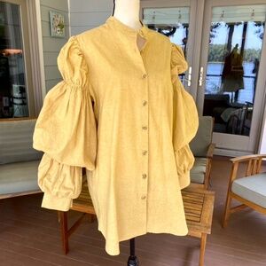 Ghospell Mustard yellow Button-Up Dress. Oversized S , Ultra Puffed Sleeves